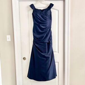 Formal Navy Blue Shiny Gown mermaid tail wide neck bridal party dress